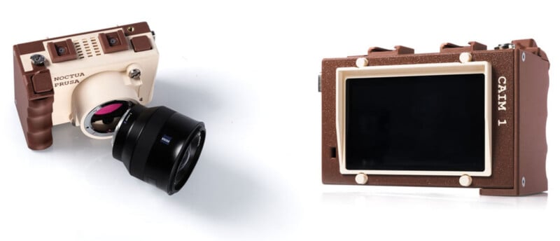 Two views of a 3D-printed digital camera with a brown and cream color scheme, featuring a Zeiss lens and a rear screen labeled CAIM 1.