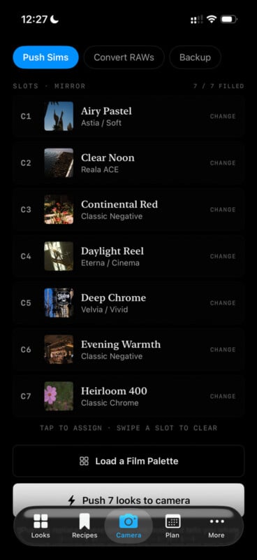 A smartphone screen showing a camera app interface with seven custom film simulation slots labeled C1 through C7, each displaying a preview image and a film profile name.