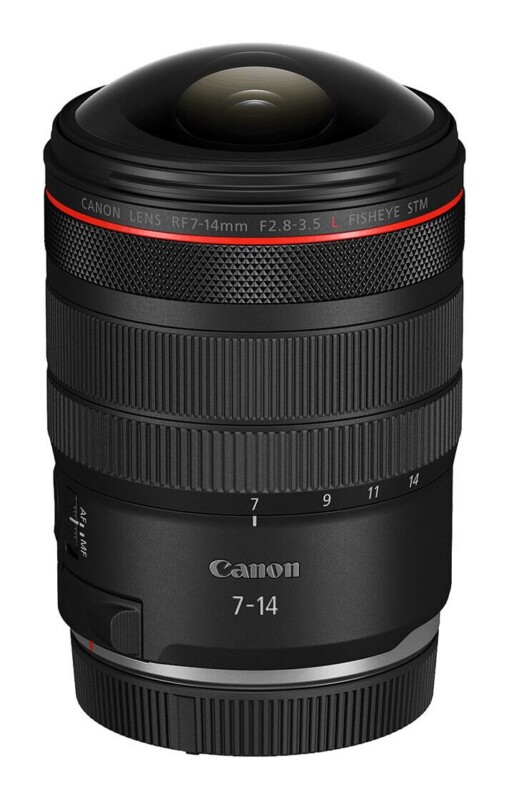 A black Canon RF 7-14mm f/2.8-3.5 L Fisheye STM lens stands upright against a white background.