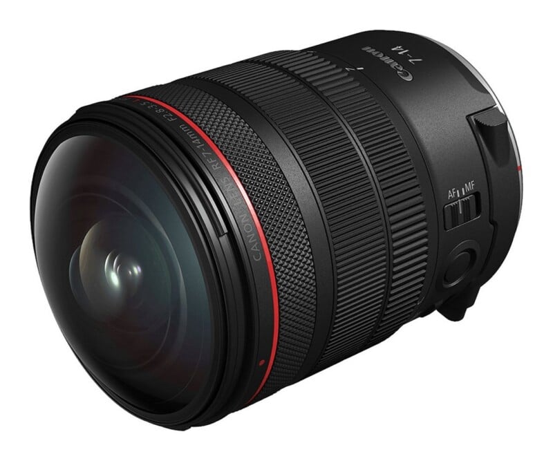 A black Canon RF 7-14mm f/2.8-3.5 L lens shown at a three-quarter angle, featuring a prominent bulbous front element, a red ring, and an AF/MF focus switch on the side.