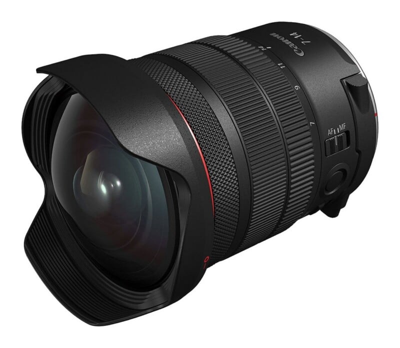 A black Canon 7-14mm wide-angle camera lens with a built-in petal-shaped lens hood, shown from a side angle against a white background.