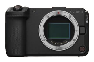 A front view of a black Canon EOS R camera body with an empty lens mount and a prominent red-accented record button on the bottom right.