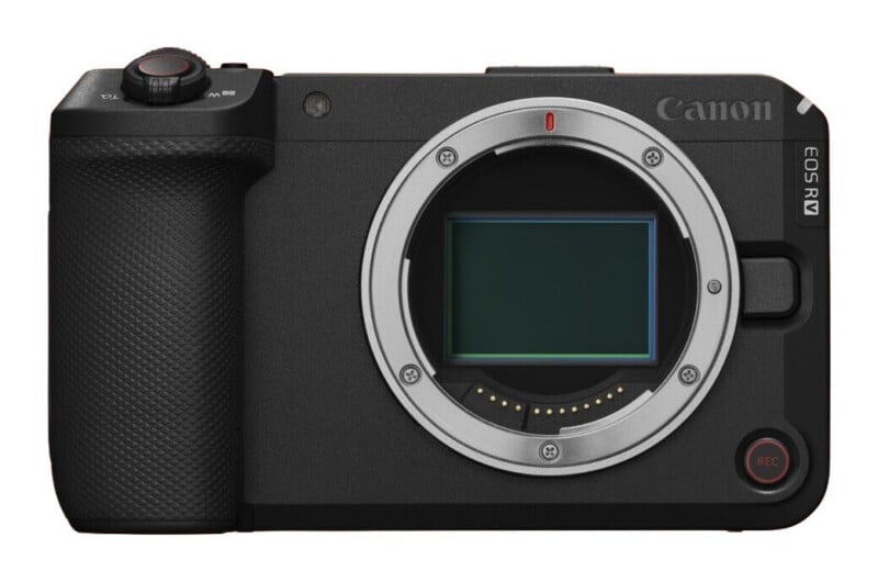 A front view of a black Canon EOS R camera body with an empty lens mount and a prominent red-accented record button on the bottom right.