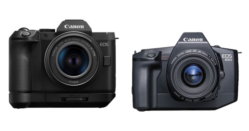 Two Canon EOS cameras side by side, a modern mirrorless model on the left and a vintage film SLR on the right.