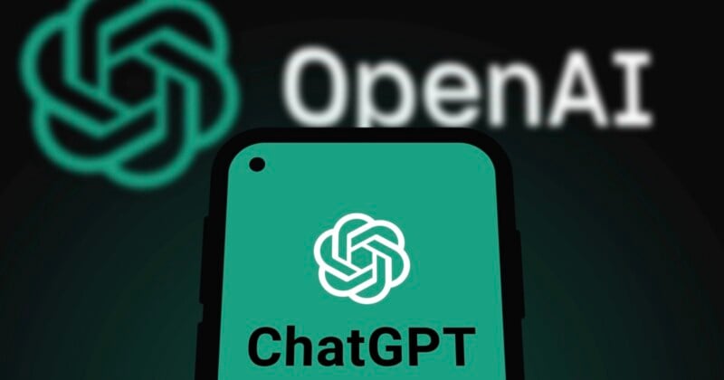 A smartphone screen displays the ChatGPT logo and text against a dark background featuring a large, blurred OpenAI logo.