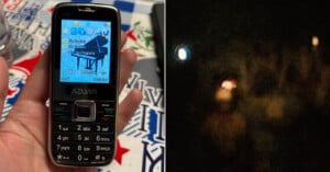 A split-screen view shows a hand holding an Azumi T101 mobile phone on the left and a dark, blurry night sky with several glowing lights on the right.