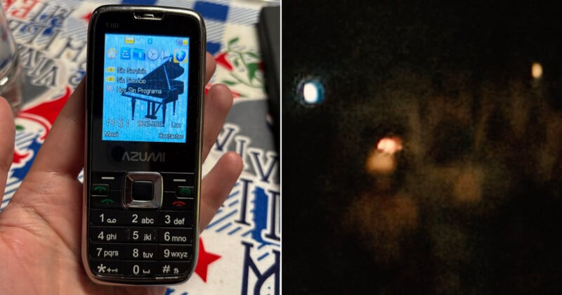A split-screen view shows a hand holding an Azumi T101 mobile phone on the left and a dark, blurry night sky with several glowing lights on the right.