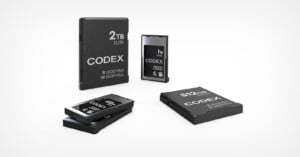Four Codex storage media cards of varying sizes and capacities are arranged on a white surface, including a 2TB Elite card and three 512GB or 1TB Excel cards.