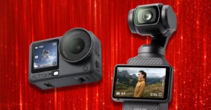 Two DJI cameras, an action camera and a gimbal-mounted camera, are displayed against a red, sparkling background.
