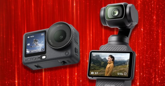 Two DJI cameras, an action camera and a gimbal-mounted camera, are displayed against a red, sparkling background.