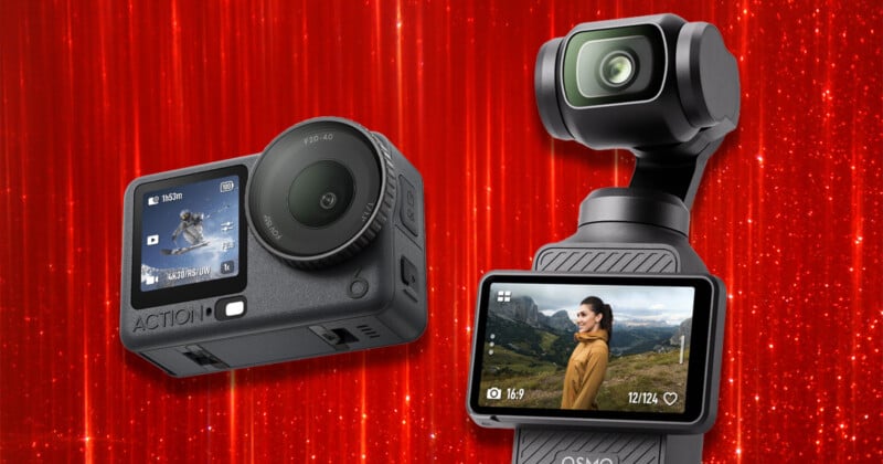Two DJI cameras, an action camera and a gimbal-mounted camera, are displayed against a red, sparkling background.