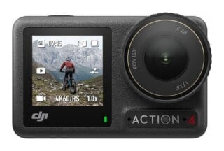 A front-facing DJI Osmo Action 4 camera with a screen displaying a mountain biker, a lens with "FOV 155°", "F 2.8", and "1/1.3"" text, and an "ACTION 4" logo.