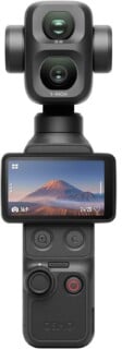 A handheld gimbal camera with a 1-inch sensor and 3x zoom lens, featuring a vertical touchscreen display and physical control buttons on the handle.