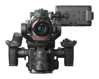 A DJI Ronin 4D cinema camera system with a Zenmuse X9 8K gimbal camera, lens, side handles, and a top-mounted monitor.