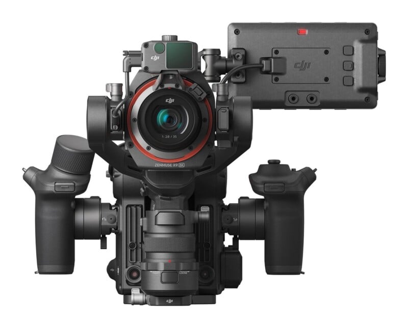 A DJI Ronin 4D cinema camera system with a Zenmuse X9 8K gimbal camera, lens, side handles, and a top-mounted monitor.