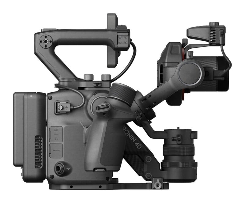 A side view of a professional cinema camera system with an integrated gimbal, top handle, and battery pack, featuring the text "RONIN 4D" on its side.