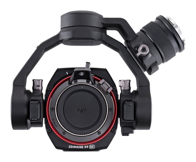 A DJI Zenmuse X9 8K gimbal camera unit with a DL mount, shown from a front-facing perspective against a white background.