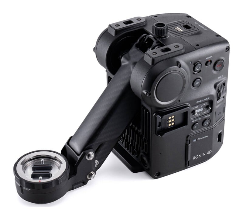A black DJI Ronin 4D cinema camera body with a carbon fiber gimbal arm and lens mount, shown from a high-angle side view against a white background.