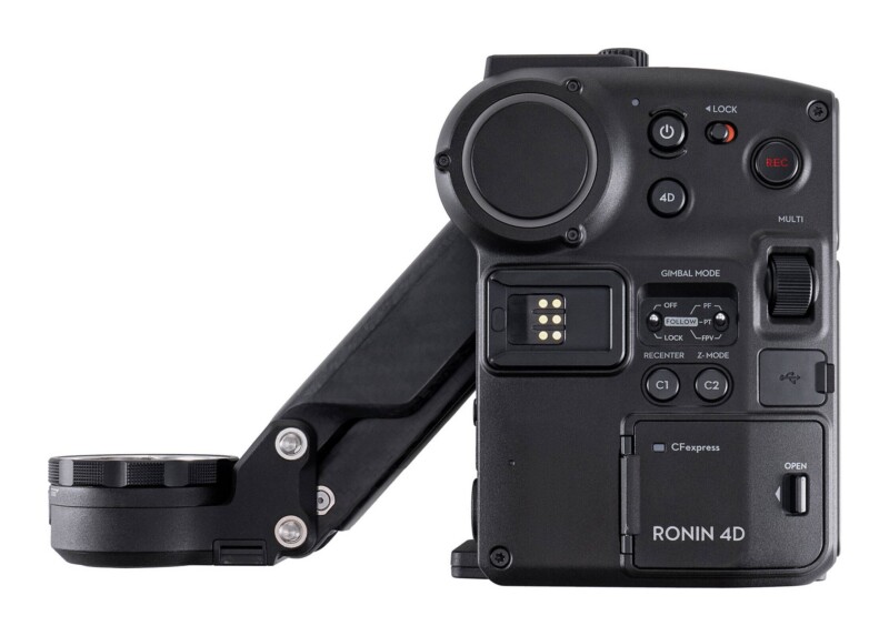 A black DJI Ronin 4D camera body and gimbal arm shown from the side, featuring various control buttons, a CFexpress card slot, and a gimbal mode switch.