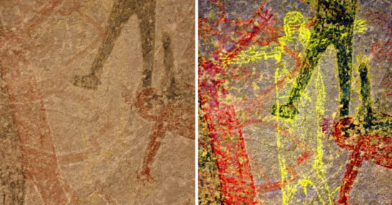 A side-by-side comparison of a rock painting, with the right panel using digital enhancement to highlight faint red and yellow figures of humans and animals.
