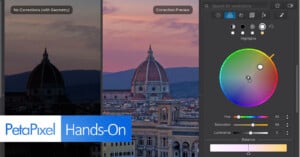 A split-screen comparison shows a dark, unedited photo of a cathedral dome next to a bright, color-corrected version, with a software color grading panel visible on the right.