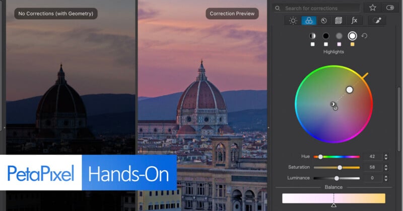 A split-screen comparison shows a dark, unedited photo of a cathedral dome next to a bright, color-corrected version, with a software color grading panel visible on the right.