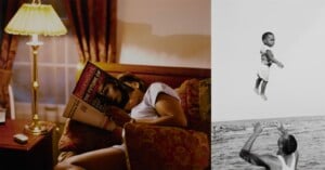 A split-screen image showing a person reading a BusinessWeek magazine in a dimly lit room on the left, and a man tossing a young child into the air at the beach on the right.