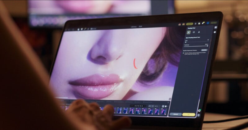 A person uses a laptop to edit a close-up portrait of a woman's face using a spot healing brush tool in photo editing software.