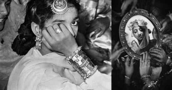 A split-screen black and white image showing a woman adjusting her jewelry on the left and a reflection of a bride in a mirror on the right.