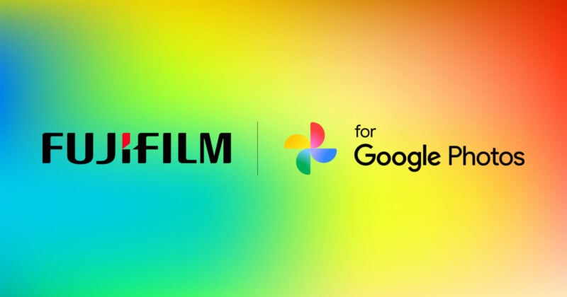 The Fujifilm logo and the Google Photos logo are displayed side-by-side with the text "for" in between on a colorful gradient background.