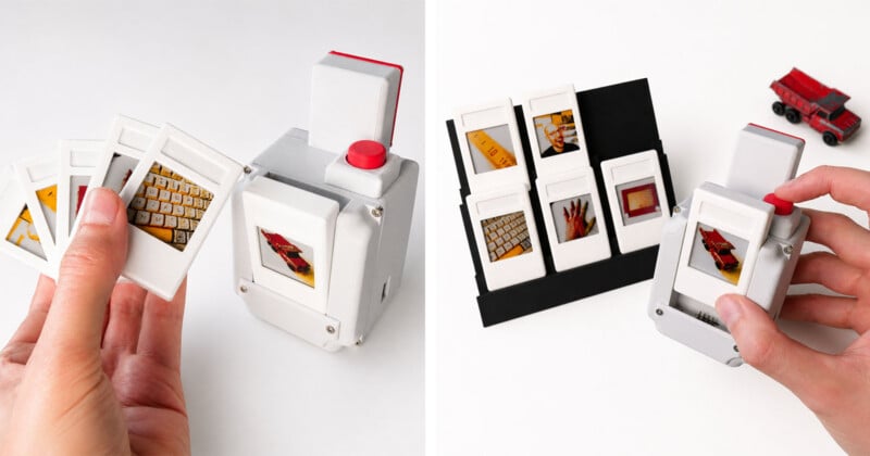 A split view shows a 3D-printed slide viewer device being used to display small photographic slides, with a collection of slides and a toy truck nearby.