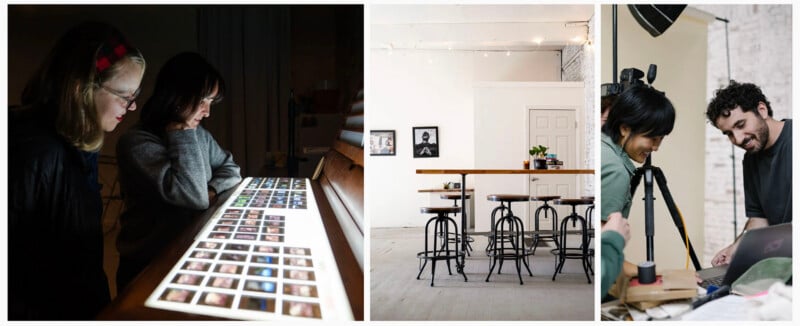 A triptych showing two women examining slides on a light table, a minimalist room with bar stools and a table, and two people working together at a laptop.