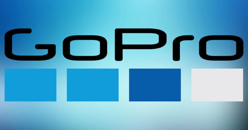The GoPro logo in black text sits above four rectangular blocks of varying shades of blue and white against a light blue background.
