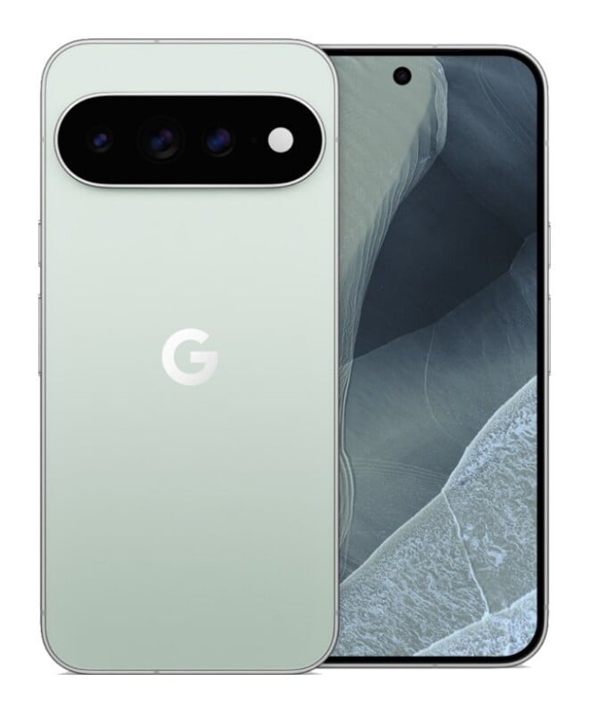 A light green smartphone shown from the back and front, featuring a horizontal triple-camera module and a centered Google logo.