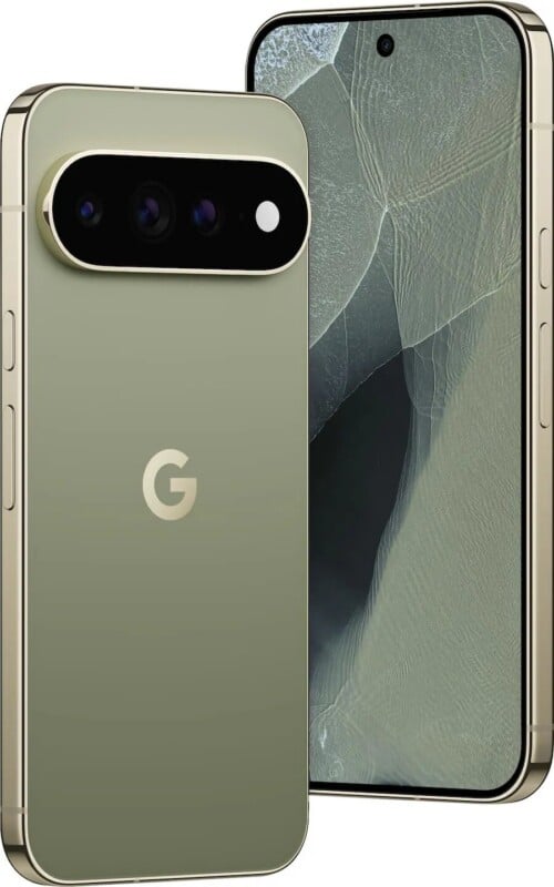 A sage green smartphone is shown from the back and front, featuring a triple-lens camera module and a hole-punch front-facing camera.