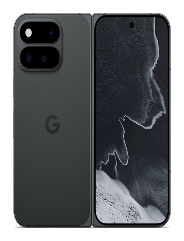 A dark gray foldable smartphone shown from the back and front, featuring a dual-lens camera module and a black screen with a white abstract pattern.