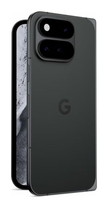 A matte black smartphone shown from the back and side, featuring a pill-shaped camera module with two lenses and a centered "G" logo.