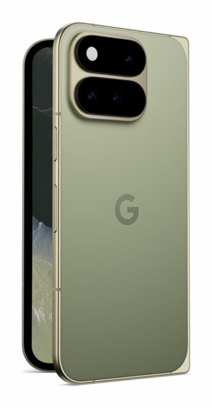 A sage green smartphone shown from the back and side, featuring a horizontal, pill-shaped camera module with two lenses and a centered "G" logo.