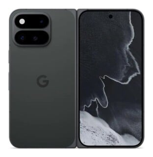 A dark gray foldable smartphone shown from both the back and front, featuring a dual-lens camera module and a screen displaying a black-and-white abstract landscape.