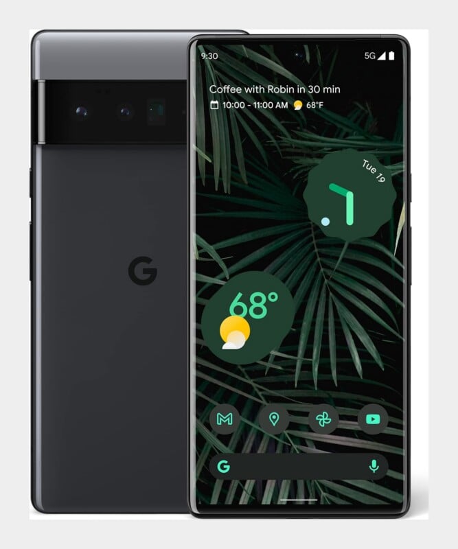 A dark gray smartphone shown from the back and front, displaying a home screen with a palm leaf wallpaper, a clock widget, and a weather widget.