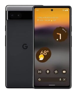 A black smartphone shown from both the front and back, displaying a digital clock, weather, and app icons on the screen.