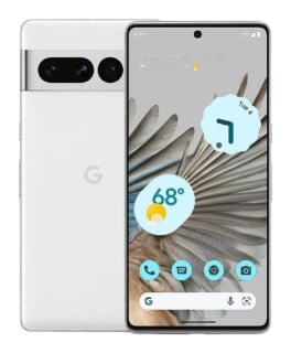 A white smartphone shown from the front and back, displaying a home screen with a weather widget, calendar event, and app icons.
