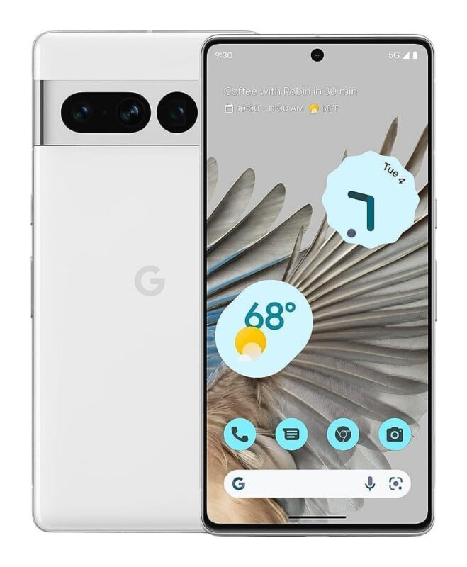 A white smartphone shown from the front and back, displaying a home screen with a weather widget, calendar event, and app icons.
