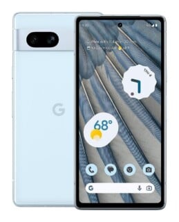 A light blue smartphone shown from both the front and back, displaying a home screen with a clock widget, weather, and app icons.