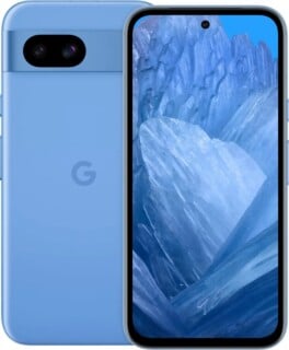 A light blue smartphone shown from both the front and back, featuring a dual-camera bar on the rear and a centered hole-punch camera on the screen.