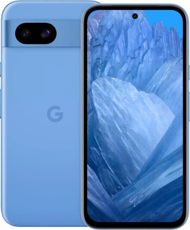 A light blue smartphone shown from both the front and back, featuring a dual-camera bar on the rear and a centered hole-punch camera on the screen.