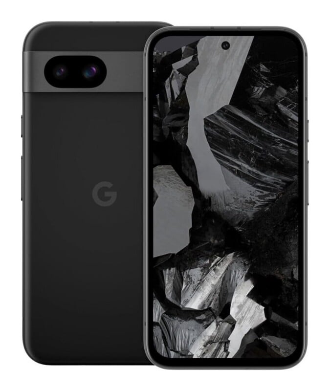 A black smartphone shown from both the front and back, featuring a dual-lens camera bar on the rear and a hole-punch display.