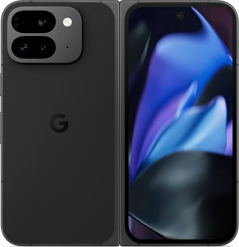A black foldable smartphone shown from both the back and the front, featuring a dual-lens camera module on the rear and a full-screen display on the front.