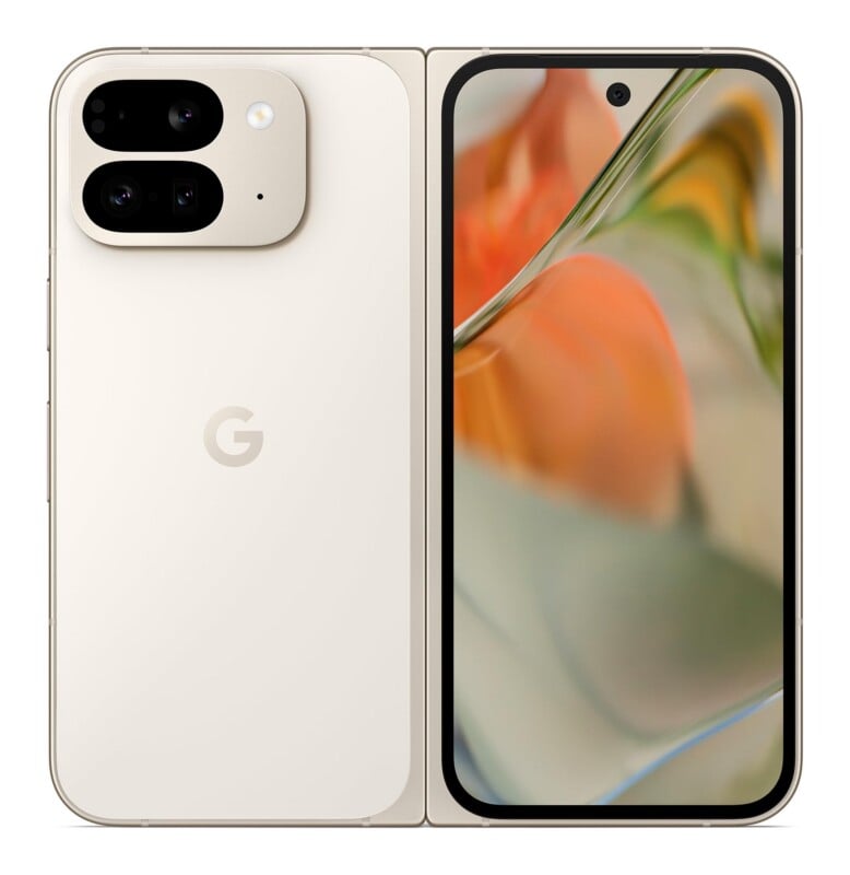 A light-colored foldable smartphone shown from both the back and the front, featuring a dual-camera module and a large, vibrant display.