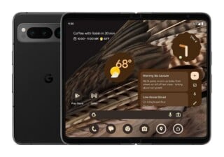 A black foldable smartphone is shown from the back and front, displaying a home screen with weather, calendar, and app icons on its large inner screen.